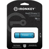 Kingston IronKey Vault Privacy 50 unidad flash USB 16 GB USB tipo A 3.2 Gen 1 (3.1 Gen 1) Azul, Lápiz USB celeste/Negro, 16 GB, USB tipo A, 3.2 Gen 1 (3.1 Gen 1), 250 MB/s, Tapa, Azul