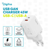 Digitus Cargador USB GaN 45W, 1x USB-C, 1x USB-A blanco