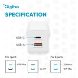 Digitus Cargador USB GaN 45W, 1x USB-C, 1x USB-A blanco