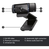 Logitech C920 Pro HD cámara web 3 MP 1920 x 1080 Pixeles USB Negro, Webcam negro, 3 MP, 1920 x 1080 Pixeles, Full HD, 30 pps, 720p, 1080p, H.264