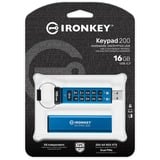 Kingston IronKey Keypad 200 de 16 GB, FIPS 140-3 nivel 3 cifrado AES-256, Lápiz USB FIPS 140-3 nivel 3 cifrado AES-256, 16 GB, USB tipo A, 3.2 Gen 1 (3.1 Gen 1), 145 MB/s, Funda, Azul