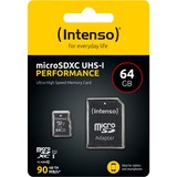 Intenso 3424490 memoria flash 64 GB MicroSD UHS-I Clase 10, Tarjeta de memoria negro, 64 GB, MicroSD, Clase 10, UHS-I, Class 1 (U1), Resistente a la temperatura, Resistente a golpes, Resistente al agua, A prueba de rayos X