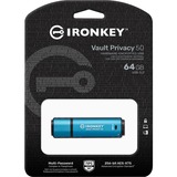 Kingston IronKey Vault Privacy 50 unidad flash USB 64 GB USB tipo A 3.2 Gen 1 (3.1 Gen 1) Azul, Lápiz USB celeste/Negro, 64 GB, USB tipo A, 3.2 Gen 1 (3.1 Gen 1), 250 MB/s, Tapa, Azul