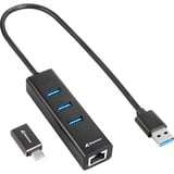 Sharkoon Hub de aluminio USB 3.2 Gen 1 de 3 puertos + Ethernet, Estación de acoplamiento negro