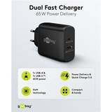 goobay Cargador rápido dual USB-C, PD, GaN, 65 vatios negro