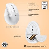 Logitech Lift for Mac, Ratón blanco, mano derecha, Diseño vertical, Óptico, RF Wireless + Bluetooth, 4000 DPI, Blanco