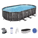 Bestway 5611R piscina sobre suelo Piscina con anillo hinchable Ovalada 20241 L Madera marrón oscuro/Azul, 20241 L, Piscina con anillo hinchable, Adulto y niño, Escalera, Madera, 89,4 kg