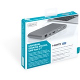 Digitus Estación de acoplamiento universal, USB Type-C™ gris, USB Type-C™, Alámbrico, USB 3.2 Gen 1 (3.1 Gen 1) Type-C, 60 W, 10,100,1000 Mbit/s, Gris, MMC, MicroSD (TransFlash), MicroSDHC, MicroSDXC