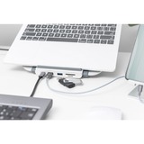 Digitus Soporte variable para notebook con estación de acoplamiento USB-C™ integrada, 8 puertos blanco/Plateado, 8 puertos, Alámbrico, USB 3.2 Gen 1 (3.1 Gen 1) Type-C, 87 W, 10,100,1000 Mbit/s, Aluminio, MicroSD (TransFlash), SD, SDHC