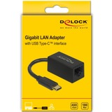DeLOCK 66043 hub de interfaz USB 3.2 Gen 1 (3.1 Gen 1) Type-C 1000 Mbit/s Negro, Adaptador negro, USB 3.2 Gen 1 (3.1 Gen 1) Type-C, RJ-45, 1000 Mbit/s, Negro, Actividad, Enlace, 0,9 m