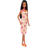 Mattel Muñeca Barbie Fashionista con vestido de cuadros rosa anaranjado, Muñecos 