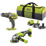 Ryobi ONE+ taladro atornillador a batería / juego de amoladora angular R18PDAG-242S, 18Volt, Kit de herramientas verde/Negro