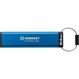 Kingston IronKey Keypad 200 de 64 GB, FIPS 140-3 nivel 3 (pendiente) cifrado AES-256, Lápiz USB FIPS 140-3 nivel 3 (pendiente) cifrado AES-256, 64 GB, USB tipo A, 3.2 Gen 1 (3.1 Gen 1), 145 MB/s, Funda, Azul