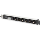 Digitus Regleta eléctrica con perfil de aluminio, toma de corriente con toma de tierra de 6 clavijas e interruptor negro/Aluminio, toma de corriente con toma de tierra de 6 clavijas e interruptor, Básico, 0U/1U, Aluminio, Plástico, Negro, Plata, 6 salidas AC, Tipo F