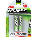 Ansmann Blister 2 X DECT Accu, AA, 800mAh Níquel-metal hidruro (NiMH) 800mAh 1.2V batería recargable plateado, AA, 800mAh, 800 mAh, Níquel-metal hidruro (NiMH), 1,2 V, Negro