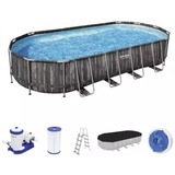 Bestway 5611T piscina sobre suelo Piscina con anillo hinchable Ovalada 25495 L Madera marrón oscuro/Azul, 25495 L, Piscina con anillo hinchable, Adulto y niño, Escalera, Madera, 115,5 kg