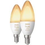 Philips Hue Vela - Bombilla inteligente E14 - (paquete de 2), Lámpara LED Philips Hue White ambiance Vela - Bombilla inteligente E14 - (paquete de 2), Bombilla inteligente, Blanco, Bluetooth/Zigbee, LED integrado, E14, Luz fría, Blanco cálido