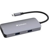 Verbatim CMH-05 USB Tipo C 5000 Mbit/s Plata, Estación de acoplamiento gris, USB Tipo C, HDMI, RJ-45, USB 3.2 Gen 1 (3.1 Gen 1) Type-C, USB Tipo C, 5000 Mbit/s, 60 Hz, Plata, Acrilonitrilo butadieno estireno (ABS), Aluminio