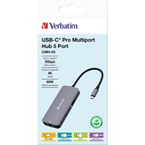 Verbatim CMH-05 USB Tipo C 5000 Mbit/s Plata, Estación de acoplamiento gris, USB Tipo C, HDMI, RJ-45, USB 3.2 Gen 1 (3.1 Gen 1) Type-C, USB Tipo C, 5000 Mbit/s, 60 Hz, Plata, Acrilonitrilo butadieno estireno (ABS), Aluminio