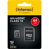 Intenso 64GB MicroSDHC MicroSDXC Clase 10, Tarjeta de memoria 64 GB, MicroSDXC, Clase 10, 25 MB/s, Resistente a golpes, Resistente a la temperatura, Resistente al agua, A prueba de rayos X, Negro