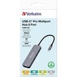 Verbatim CMH-08 USB Tipo C 5000 Mbit/s Plata, Estación de acoplamiento gris, USB Tipo C, HDMI, USB 3.2 Gen 1 (3.1 Gen 1) Type-A, USB Tipo C, MicroSD (TransFlash), SD, 5000 Mbit/s, 30 Hz, Plata