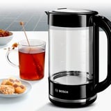 Bosch TWK70B03 tetera eléctrica 1,7 L 2400 W Negro, Transparente, Hervidor de agua negro, 1,7 L, 2400 W, Negro, Transparente, Vidrio, Indicador de nivel de agua, Protección contra sobrecalentamiento