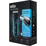 Braun Series 3 ProSkin 3045s Máquina de afeitar de láminas Recortadora Negro, Azul negro/Azul, Máquina de afeitar de láminas, 2 SensoFoil, 1 Middle Trimmer, Negro, Azul, LED, Batería, Níquel-metal hidruro (NiMH)