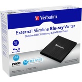 Verbatim External Slimline unidad de disco óptico Blu-Ray RW Negro, Regrabadora Blu-ray externa negro, Negro, Ranura, Sobremesa/Portátil, Blu-Ray RW, USB 3.2 Gen 1 (3.1 Gen 1), 145 mm