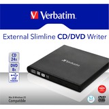 Verbatim Slimline CD/DVD unidad de disco óptico DVD-RW Negro, Regrabadora DVD externa negro, Negro, Horizontal, Portátil, DVD-RW, USB 2.0, CD, CD-R, CD-RW, DVD, DVD+R, DVD+R DL, DVD+RW, DVD-R, DVD-R DL, DVD-RAM, DVD-ROM