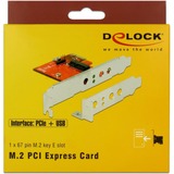 DeLOCK 89889 tarjeta y adaptador de interfaz Interno M.2, Adaptador Wi-Fi M.2, 1 x 67 pin M.2 key E, 1 x PCI Express x1, 1 x USB 2.0 Micro-B, 1 x USB 2.0 pin header, Taiwán, Caja