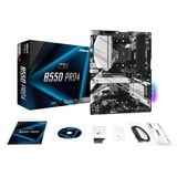 ASRock B550 Pro4 AMD B550 Zócalo AM4 ATX, Placa base negro/Plateado, AMD, Zócalo AM4, 3rd Generation AMD Ryzen™ 3, 3rd Generation AMD Ryzen 5, 3rd Generation AMD Ryzen™ 7, 3rd..., Zócalo AM4, DDR4-SDRAM, 128 GB