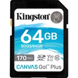 Kingston Canvas Go! Plus 64 GB SD UHS-I Clase 10, Tarjeta de memoria negro, 64 GB, SD, Clase 10, UHS-I, 170 MB/s, 70 MB/s