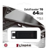 Kingston DataTraveler 70 unidad flash USB 64 GB USB Tipo C 3.2 Gen 1 (3.1 Gen 1) Negro, Lápiz USB negro, 64 GB, USB Tipo C, 3.2 Gen 1 (3.1 Gen 1), Cable, 7 g, Negro