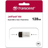 Transcend JetFlash 890 unidad flash USB 128 GB USB Type-A / USB Type-C 3.2 Gen 1 (3.1 Gen 1) Negro, Plata, Lápiz USB plateado, 128 GB, USB Type-A / USB Type-C, 3.2 Gen 1 (3.1 Gen 1), Tapa, 3 g, Negro, Plata