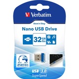 Verbatim Store 'n' Stay NANO - Unidad USB 3.0 de 32 GB - Azul, Lápiz USB azul, 32 GB, USB tipo A, 3.2 Gen 1 (3.1 Gen 1), Tapa, 3 g, Azul