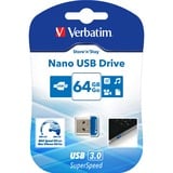 Verbatim Store 'n' Stay NANO - Unidad USB 3.0 de 64 GB - Azul, Lápiz USB azul, 64 GB, USB tipo A, 3.2 Gen 1 (3.1 Gen 1), Tapa, 3 g, Azul