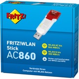 AVM FRITZ!WLAN AC 860, Adaptador Wi-Fi blanco/Rojo, FRITZ!WLAN AC 860, Inalámbrico y alámbrico, USB, WLAN, Wi-Fi 5 (802.11ac), 866 Mbit/s, Rojo, Translúcido