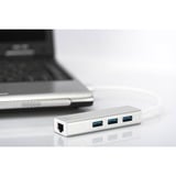 Digitus Adaptador LAN Gigabit y concentrador USB 3.0 de 3 puertos, Hub USB blanco, USB 3.2 Gen 1 (3.1 Gen 1) Type-A, USB 3.2 Gen 1 (3.1 Gen 1) Type-A, 1000 Mbit/s, Plata, Blanco, Aluminio, 0,2 m