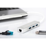 Digitus Adaptador LAN Gigabit y concentrador USB 3.0 de 3 puertos, Hub USB blanco, USB 3.2 Gen 1 (3.1 Gen 1) Type-A, USB 3.2 Gen 1 (3.1 Gen 1) Type-A, 1000 Mbit/s, Plata, Blanco, Aluminio, 0,2 m