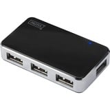 Digitus Concentrador USB 2.0 de 4 puertos, Hub USB negro/Plateado, USB 2.0 Mini-B, USB 2.0, 480 Mbit/s, Negro, Plata, 0,66 m, China