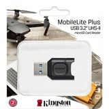 Kingston MobileLite Plus lector de tarjeta USB 3.2 Gen 1 (3.1 Gen 1) Type-A Negro, Lector de tarjetas negro, MicroSD (TransFlash), Negro, Windows 10, Windows 8.1, Windows 8, Mac OS X v. 10.10.x+, Linux v.2.6.x+, Chrome OS, USB 3.2 Gen 1 (3.1 Gen 1) Type-A, 0 - 60 °C, -20 - 70 °C