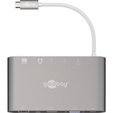 goobay 62113 hub de interfaz USB 3.2 Gen 1 (3.1 Gen 1) Type-C 5000 Mbit/s Plata, Lector de tarjetas plateado, USB 3.2 Gen 1 (3.1 Gen 1) Type-C, DisplayPort, HDMI, RJ-45, USB 3.2 Gen 1 (3.1 Gen 1) Type-A, VGA, MicroSD (TransFlash), MicroSDHC, MicroSDXC, SD, SDHC, SDXC, 5000 Mbit/s, Plata, 0,13 m