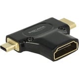 DeLOCK HDMI-A/HDMI Mini-C+ Micro-D, F/M+M Mini-HDMI + Micro-HDMI Negro, Adaptador negro, F/M+M, HDMI, Mini-HDMI + Micro-HDMI, Hembra, Macho, Oro, 3840 x 2160 Pixeles