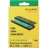 DeLOCK 42598 caja para disco duro externo Caja externa para unidad de estado sólido (SSD) Negro M.2, Caja de unidades negro, Caja externa para unidad de estado sólido (SSD), M.2, USB 3.2 Gen 1 (3.1 Gen 1), 6 Gbit/s, Conexión USB, Negro