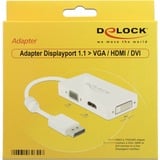 DeLOCK 0.16m DisplayPort/VGA+HDMI+DVI-D 0,16 m VGA (D-Sub)+ HDMI + DVI Blanco, Adaptador blanco, 0,16 m, DisplayPort, VGA (D-Sub)+ HDMI + DVI, Macho, Hembra, 1920 x 1200 Pixeles