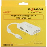 DeLOCK 0.16m DisplayPort/VGA + HDMI + DVI 0,16 m Mini DisplayPort VGA (D-Sub)+ HDMI + DVI Blanco, Adaptador blanco, 0,16 m, Mini DisplayPort, VGA (D-Sub)+ HDMI + DVI, Macho, Hembra, 1920 x 1200 Pixeles