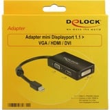 DeLOCK 0.16m DisplayPort/VGA + HDMI + DVI 0,16 m Mini DisplayPort VGA (D-Sub)+ HDMI + DVI Negro, Adaptador negro, 0,16 m, Mini DisplayPort, VGA (D-Sub)+ HDMI + DVI, Macho, Hembra, 1920 x 1200 Pixeles