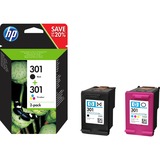 HP Pack de ahorro de 2 cartuchos de tinta original 301 negro/Tri-color negro, Rendimiento estándar, Tinta a base de pigmentos, Tinta a base de colorante, 3 ml, 3 ml, 2 pieza(s)