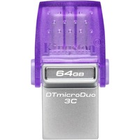 Kingston DataTraveler microDuo 3C unidad flash USB 64 GB USB Type-A / USB Type-C 3.2 Gen 1 (3.1 Gen 1) Púrpura, Acero inoxidable, Lápiz USB violeta/Transparente, 64 GB, USB Type-A / USB Type-C, 3.2 Gen 1 (3.1 Gen 1), 200 MB/s, Otro, Púrpura, Acero inoxidable