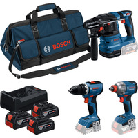 Bosch Set profesional 18V Martillo perforador GBH 18V-22 + Taladro atornillador GSR 18V-65 + Llave de impacto GDX 18V-285, Destornillador azul/Negro